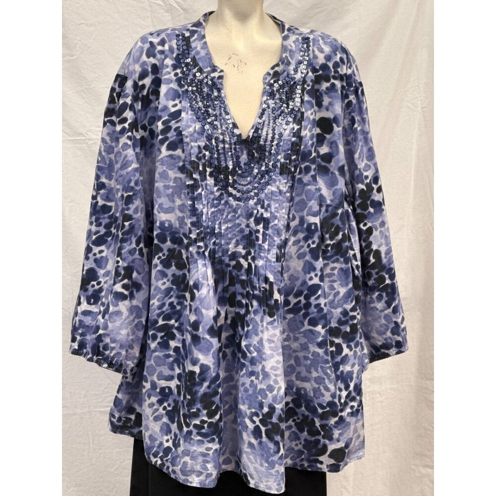 JM Collection Woman Embellished Blue Print Blouse Size 24W Sequins Flowy Cotton
